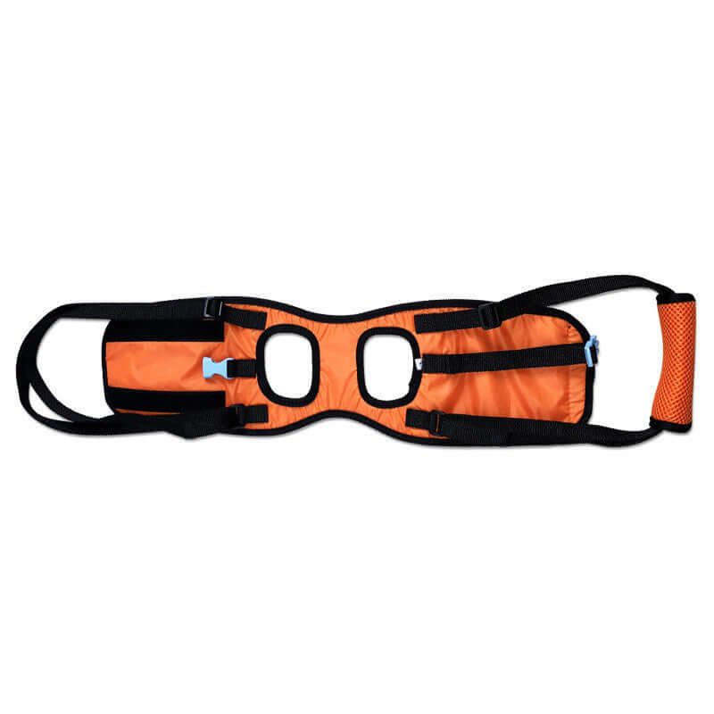 Harnais d'assistance pour chien handicapé en orange, conçu pour aider les chiens à retrouver leur mobilité.