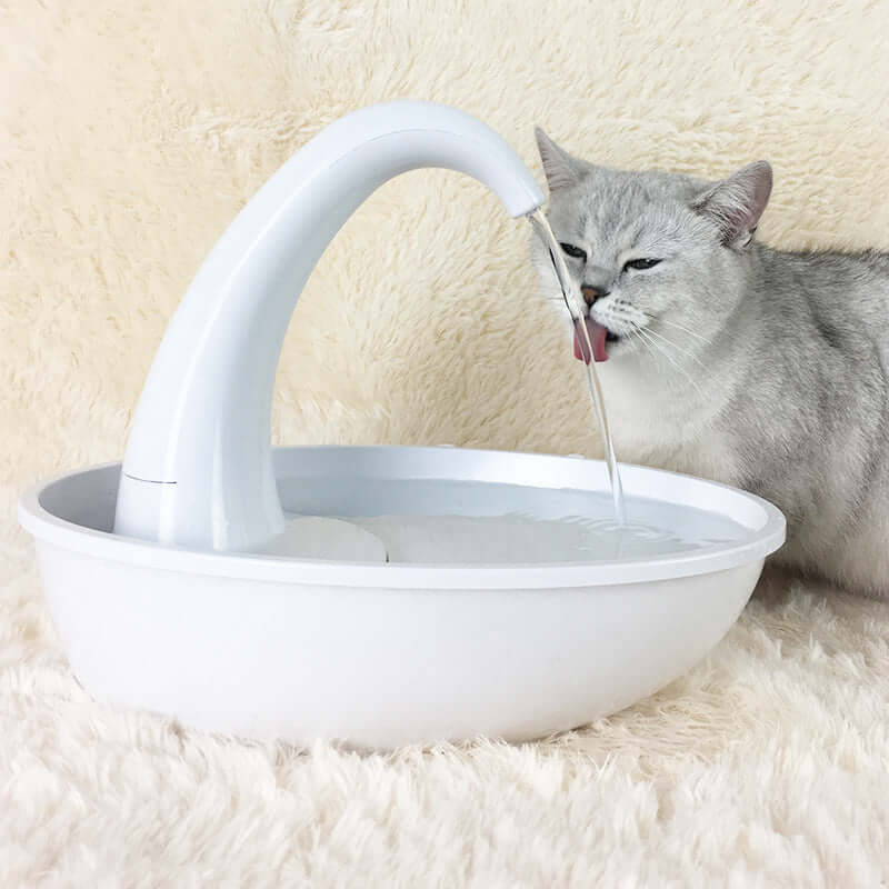 Fontaine à boire pour animaux Swan avec un chat en train de s'hydrater, parfaite pour l'eau propre et fraîche.