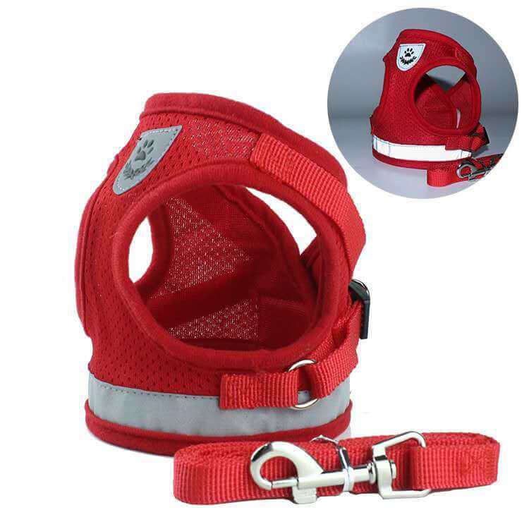 Harnais DogEZAsh Réfléchissant rouge en mesh léger pour chiens avec laisse, idéal pour confort et sécurité.