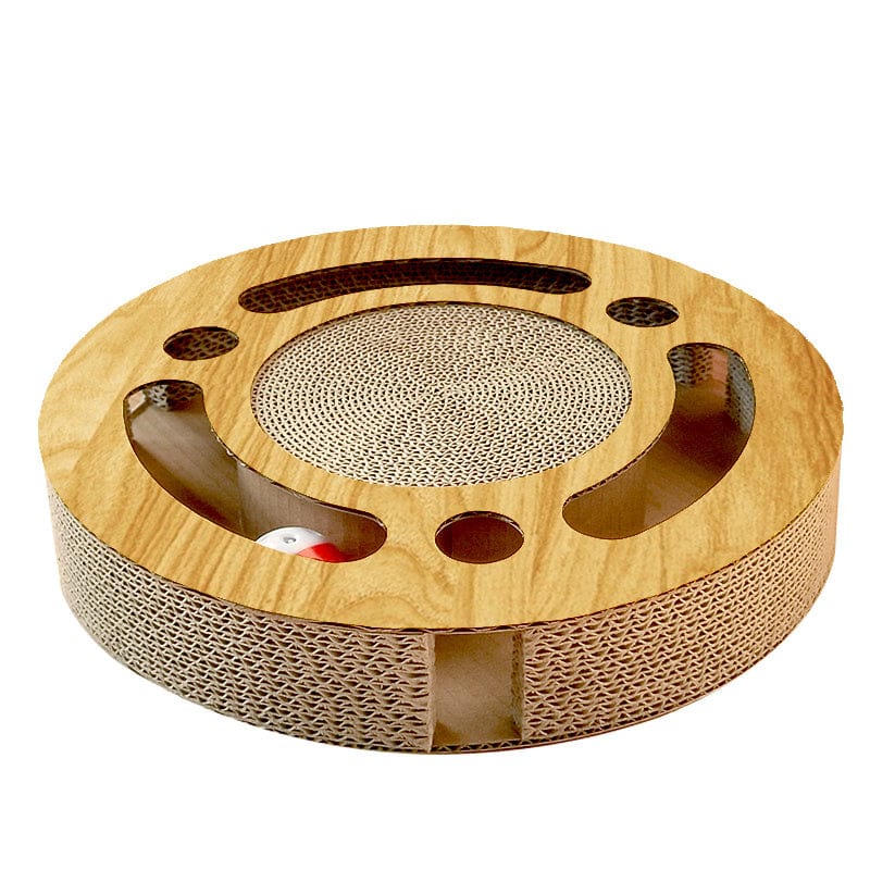 Griffoir à chat roulant en bois avec jouets, design ludique, accessoire essentiel pour le bien-être félin.
