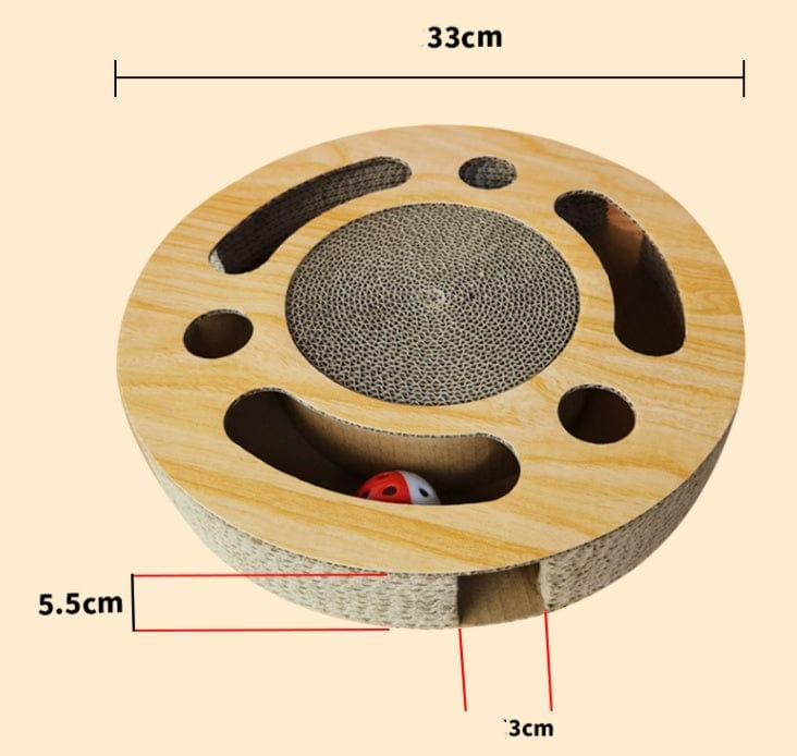Griffoir à chat roulante en bois avec cloche, jouet interactif pour chat, dimensions 33cm x 5.5cm.