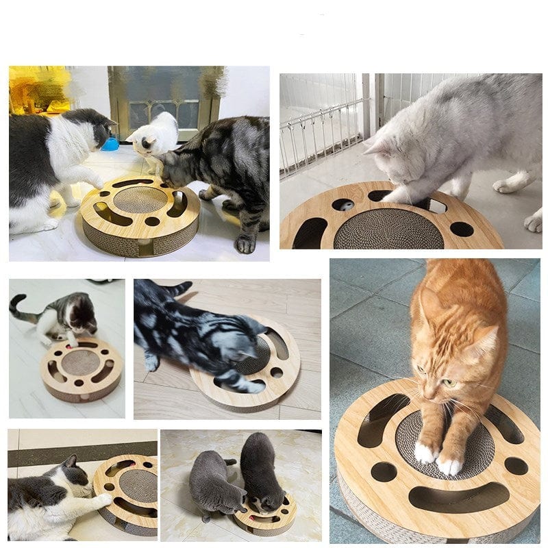 Cats playing with a wooden interactive scratching toy designed for their entertainment and well-being.