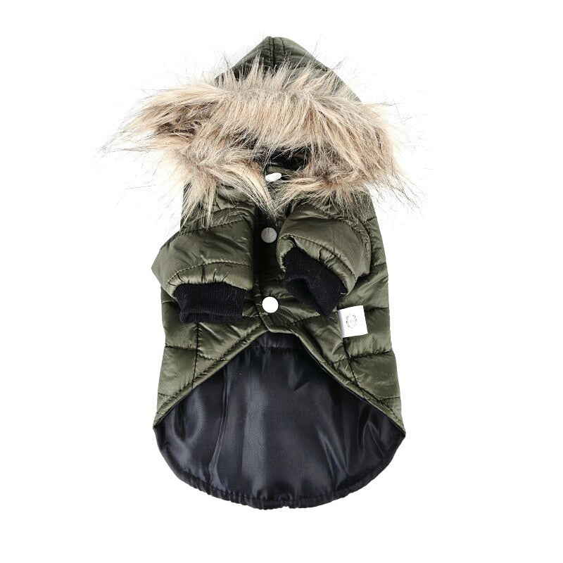 Pull d'hiver pour animaux en vert avec capuche et fourrure, idéal pour garder votre chien au chaud.