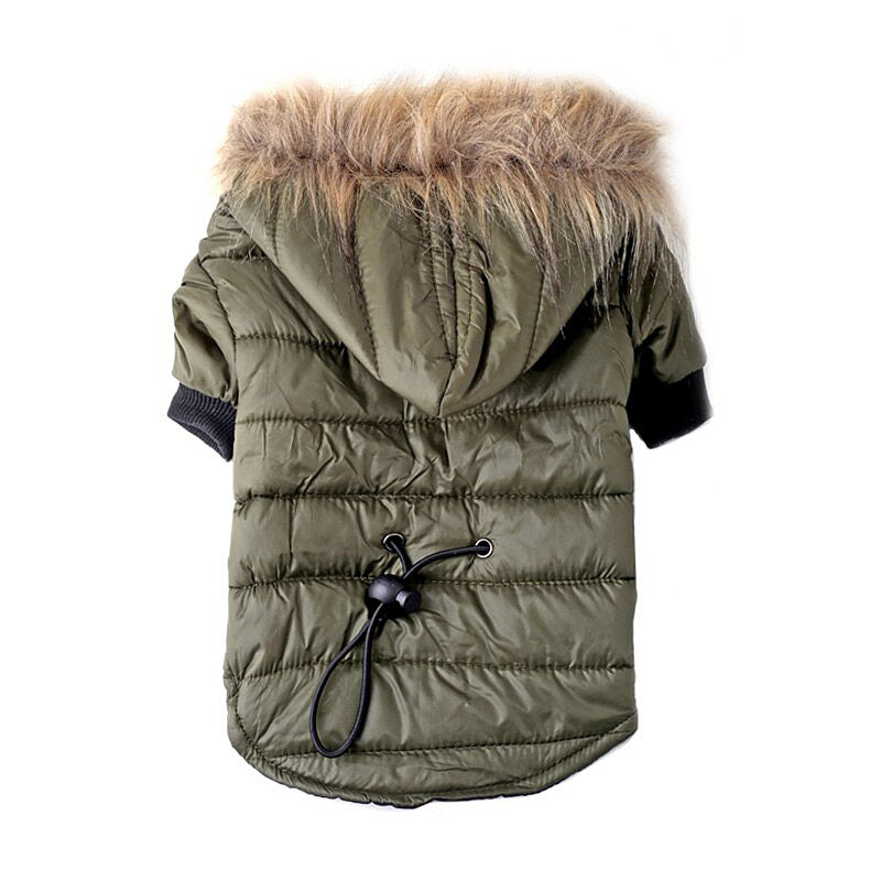 Pull d'automne pour animaux avec capuche en fausse fourrure, couleur olive, pour chien et chat.