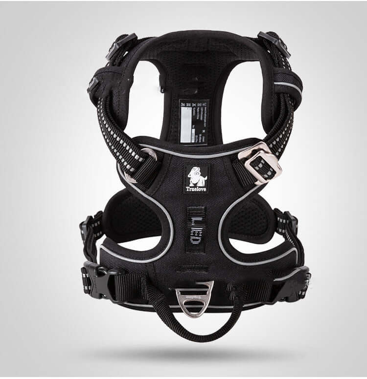 Harnais de chien en nylon noir, conçu pour le confort et la sécurité de tous les chiens, grande et petite taille.
