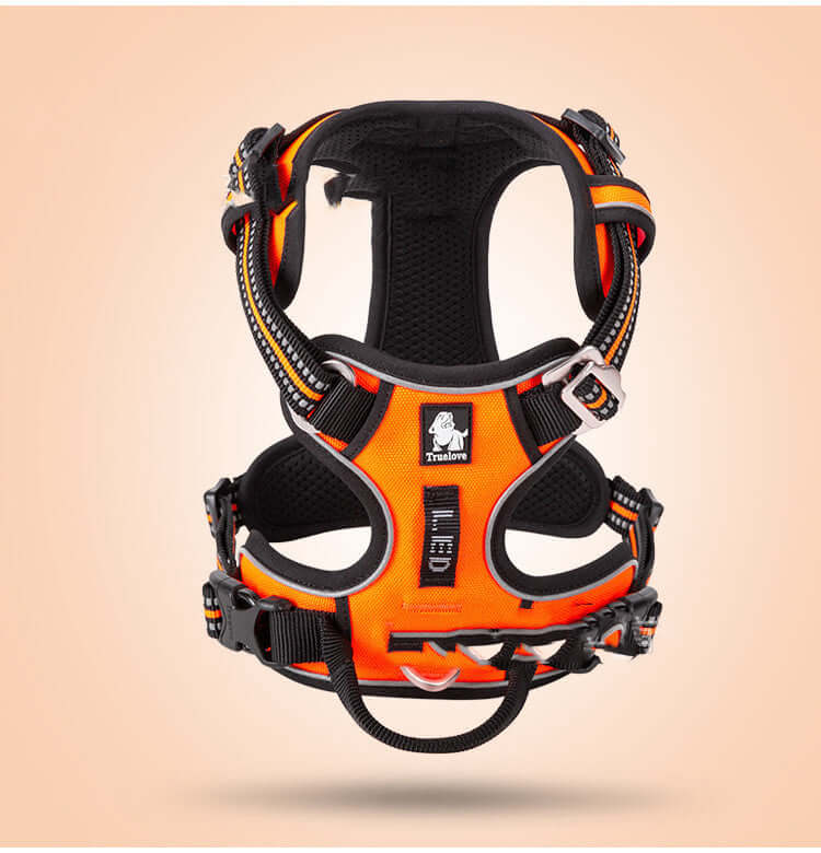 Harnais de chien en nylon orange avec attaches réglables pour un ajustement confortable et sécurisé.