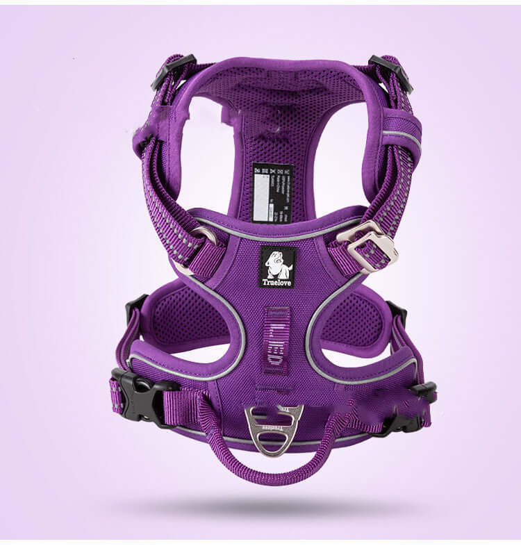 Harnais de chien violet en nylon, adapté aux petites et grandes tailles pour le confort et la sécurité.