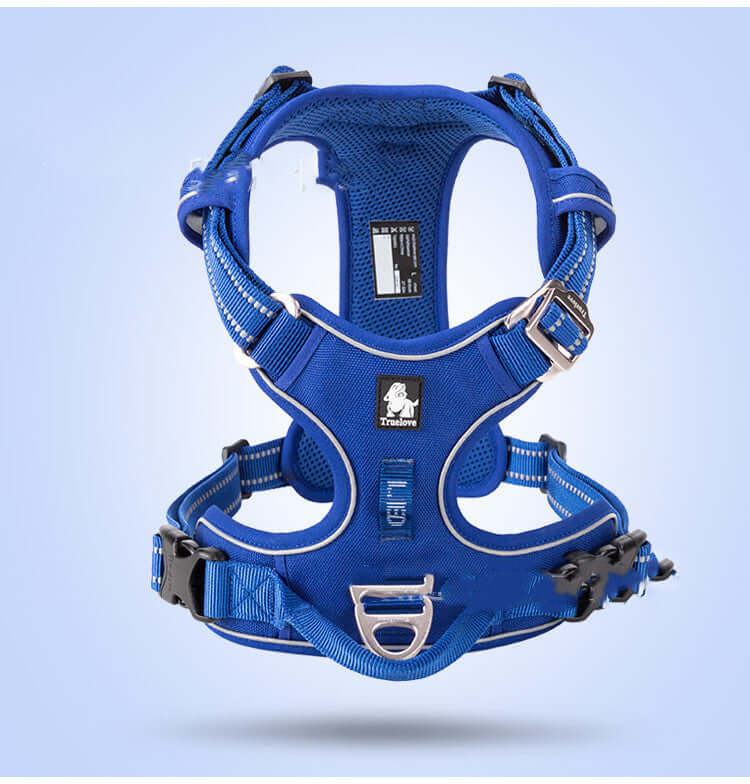 Harnais de chien en nylon bleu, ajustable, adapté pour chiens de toutes tailles, idéal pour promenades sécurisées.