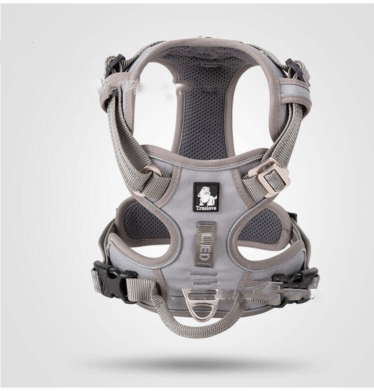 Harnais de chien en nylon gris avec attache sécurisée et design ajustable pour petites et grandes tailles.