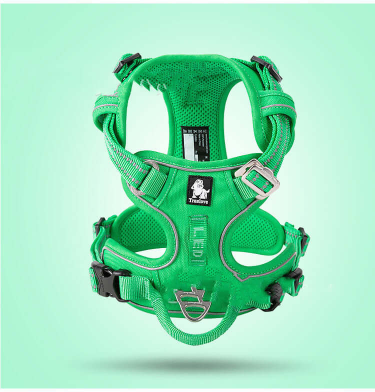 Harnais de chien vert en nylon avec ajustement confortable pour toutes tailles de chiens.