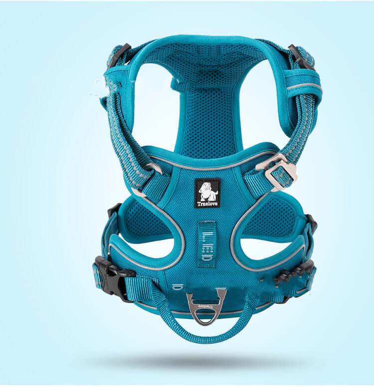 Harnais de chien en nylon turquoise, confortable et réglable pour petites et grandes tailles, avec design ergonomique.