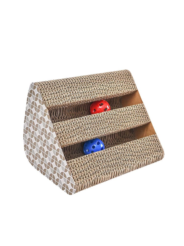 Jouet en papier ondulé pour chats avec boules colorées, idéal pour griffer et jouer.