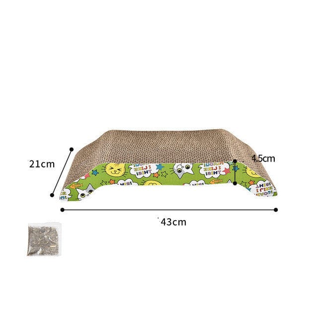 Griffoir en papier ondulé pour chats avec dimensions 43x21x4.5 cm, coloré et durable, idéal pour le bien-être des félins.