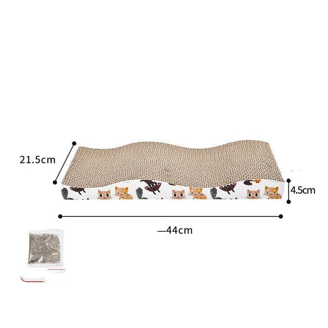 Griffoir ondulé en papier pour chats avec dimensions, décoré d'animaux et incluant une herbe à chat.