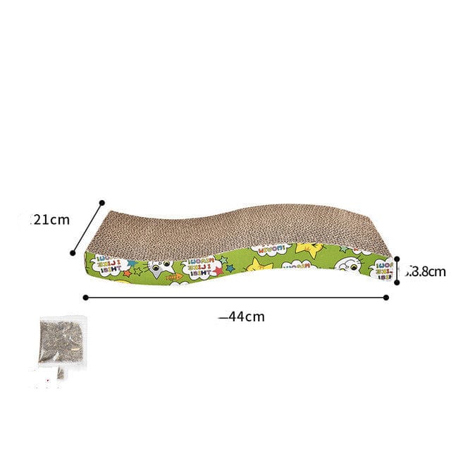 Jouet en papier ondulé pour chats, griffoir durable et écologique, dimensions 44cm x 21cm, coloré et interactif.