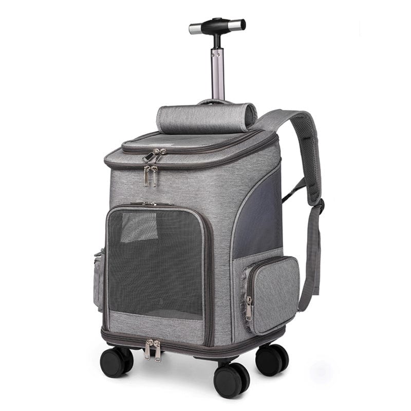 Sac à dos pliable pour animaux avec trolley, design en coton biologique et roulettes pour un transport facile.