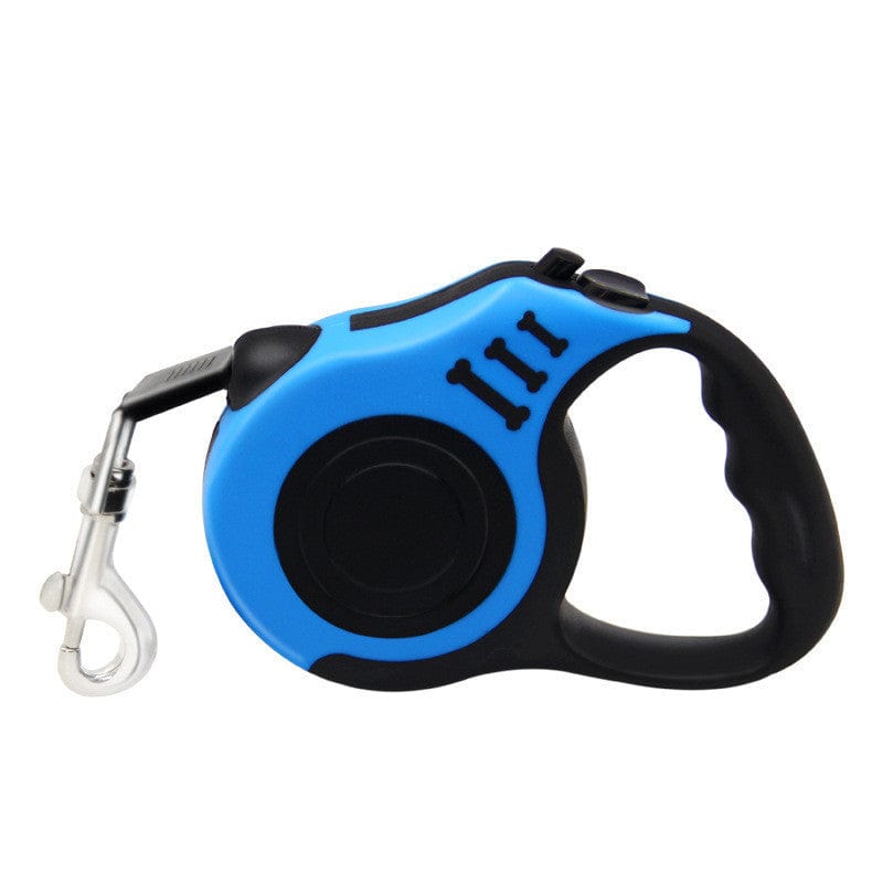 Laisse pour chien rétractable bleue avec mécanisme de freinage et poignée ergonomique en noir.