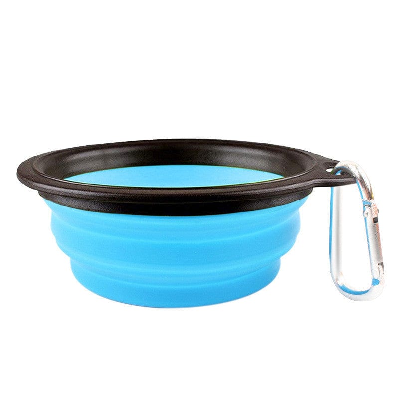 Bol pliable pour chien en silicone bleu avec mousqueton pour promenade facile et hydratation en extérieur.