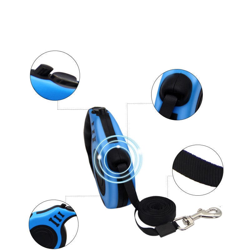 Détails de la laisse pour chien en bleu avec bouton de verrouillage et clip en métal, idéale pour les promenades.