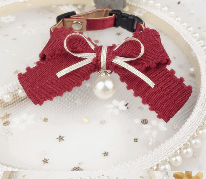 Collier Sweet Bow Hearts en tissu rouge avec perle pour chats et chiens, Accessoire pour animaux de compagnie.