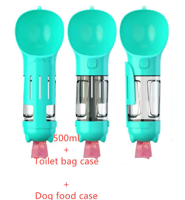 Bouteille d'eau portable 3 en 1 pour animaux, 500ml, avec compartiments pour sacs et nourriture.