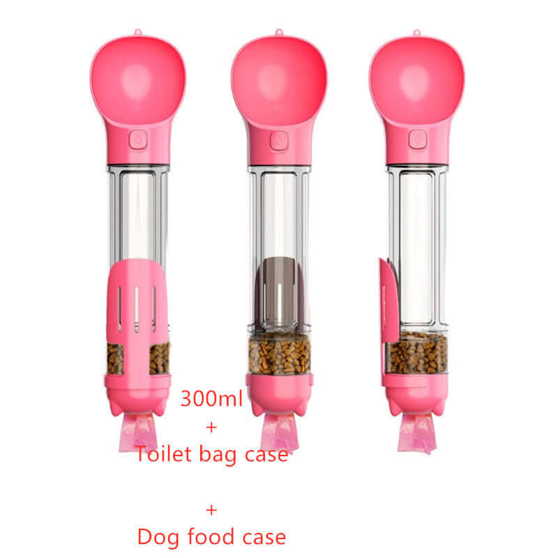 Bouteille d'eau portable 3 en 1 pour animaux, design compact, incluant casier pour nourriture et sacs toilettes.