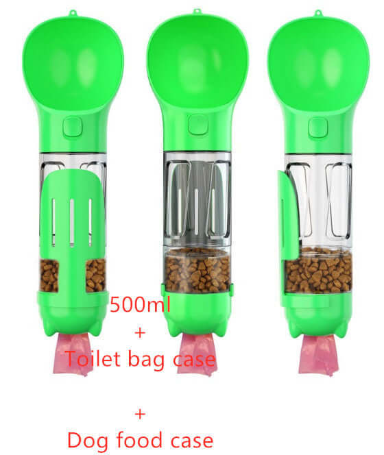 Bouteille d'eau portable 3 en 1 pour animaux avec espace pour nourriture et sacs à déjections, couleur verte