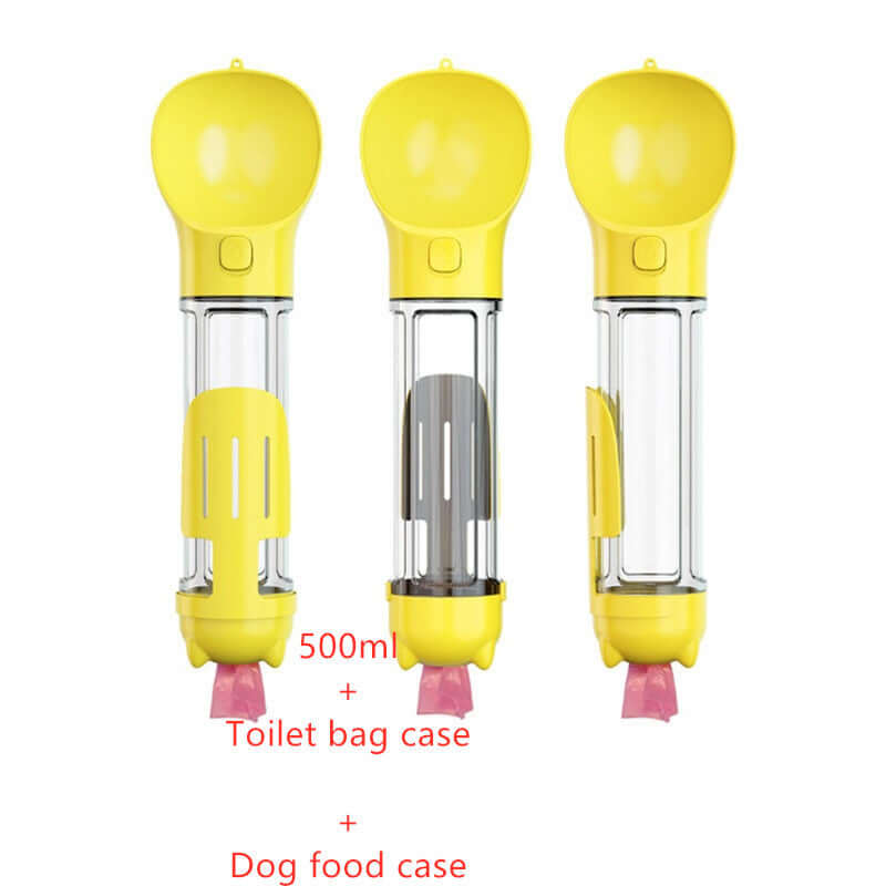Bouteille d'eau portable pour animaux 3 en 1 avec réservoir de 500ml, sac à déchets et compartiment pour nourriture.