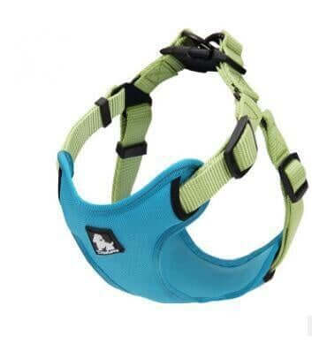 Harnais de poitrine réfléchissant pour chien en nylon bleu et vert, offrant confort et sécurité pour les promenades.