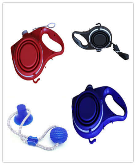 Laisse pour chien disponible en rouge, noir et bleu, avec accessoires pour boissons inclus.