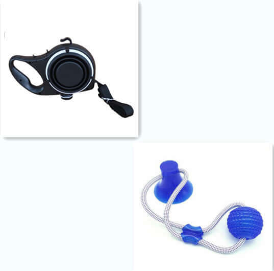 Laisse pour chien noire avec jouet bleu interactif pour chien et chat, idéale pour les promenades.