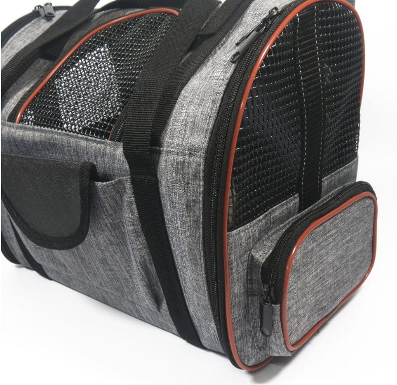 Panier de transport multifonctionnel pour chiens et chats en tissu gris avec espace de rangement pratique.