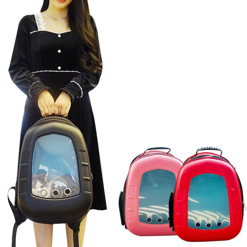 Sac à dos capsule pour animaux, noir et rose, avec fenêtre transparente et poches, pour un transport pratique des animaux.