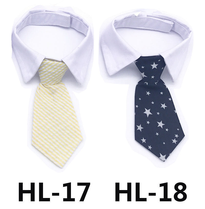 Cravate pour chiens et chats, modèle HL-17 en rayures jaunes et HL-18 étoilé, parfaites pour occasions spéciales.