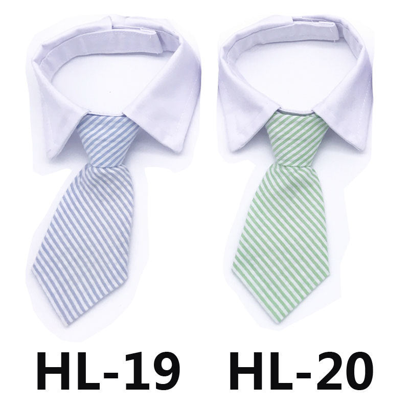 Cravate pour chiens et chats en soie de polyester, modèles HL-19 à rayures bleues et HL-20 à rayures vertes.