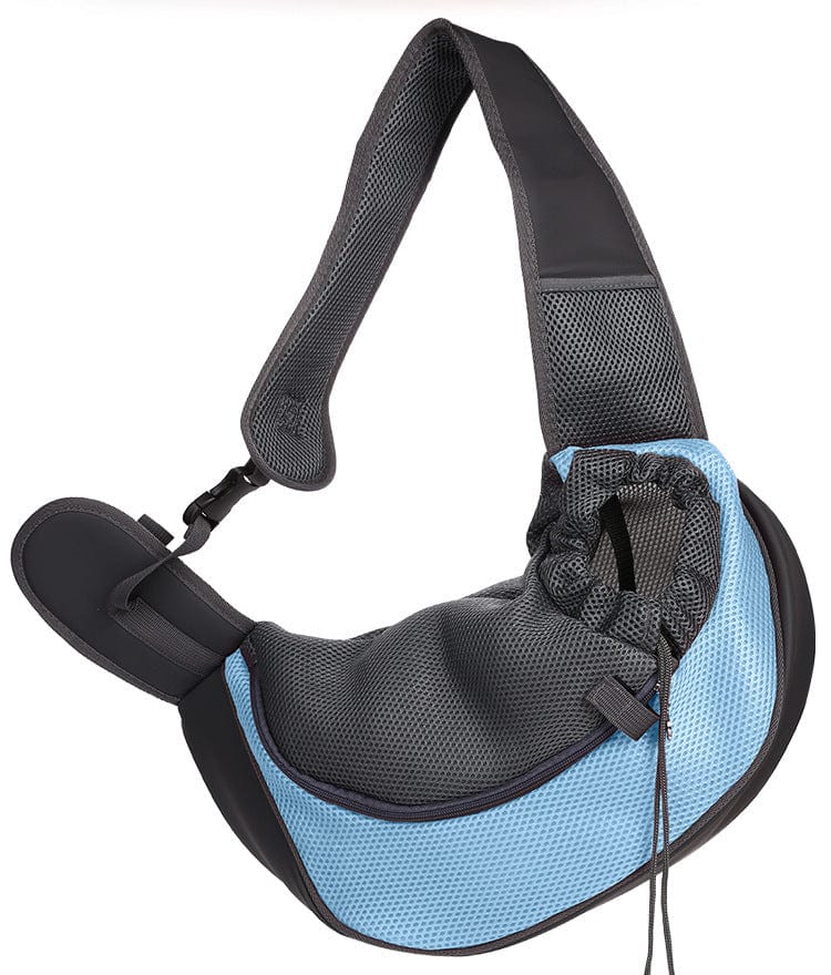 Sac de voyage pour chien et chat en maille respirante, couleur bleu, conçu pour le confort des animaux.