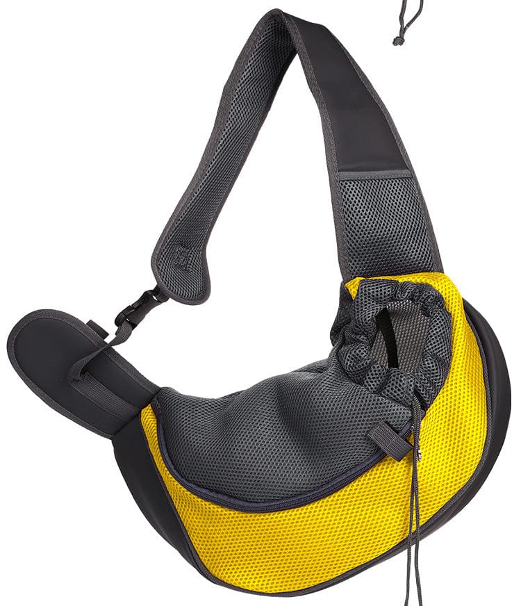 Sac de voyage pour animaux de compagnie en maille respirante jaune et noir, idéal pour chiens et chats.