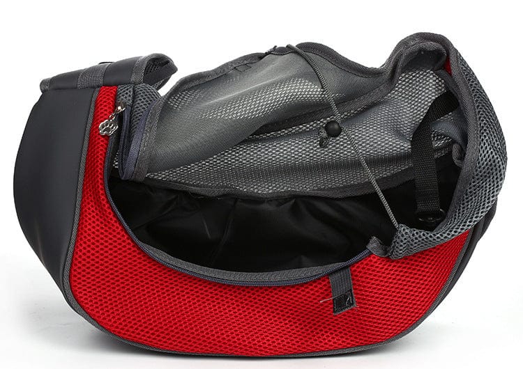 Sac de voyage pour chien et chat, en matière respirante avec maille rouge.