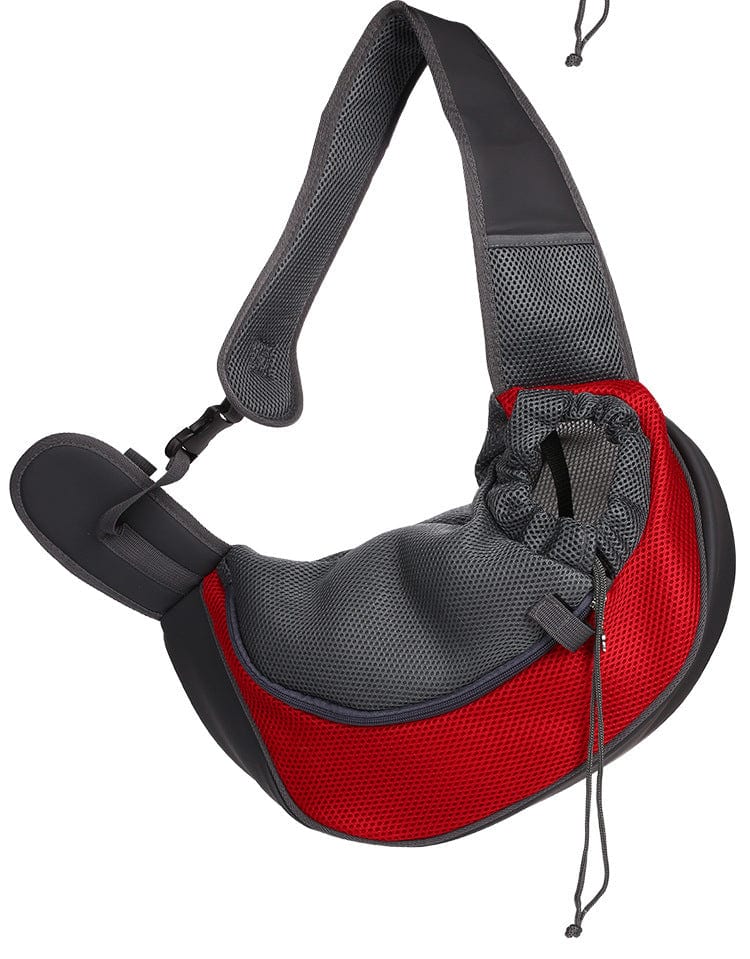 Sac de voyage pour chien et chat en maille respirante, couleur rouge et noir, design confortable et stylé.