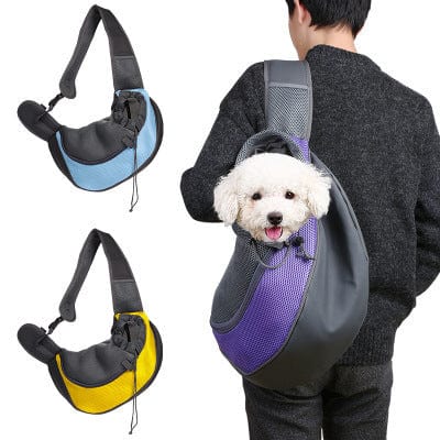 Sac de voyage pour chien et chat en maille respirante, disponible en bleu, jaune et violet, avec un animal à l'intérieur.