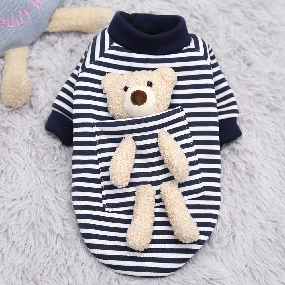 Pull mignon pour petits chiens et chats en polyester avec ours en peluche intégré, rayures marines.