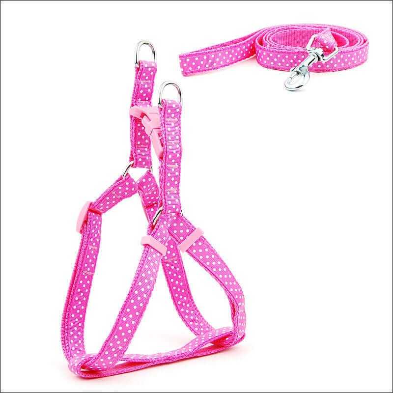 Laisse pour animaux à pois rose avec harnais, idéale pour petits et moyens chiens, confortable et durable.