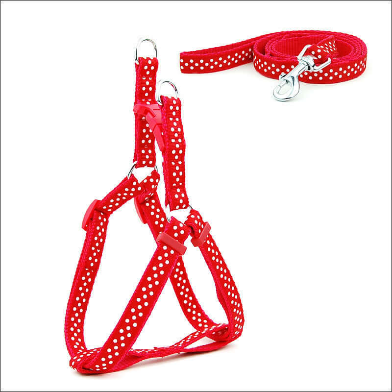 Laisse pour animaux à pois rouge avec sangle de poitrine pour chiens de petites et moyennes tailles.