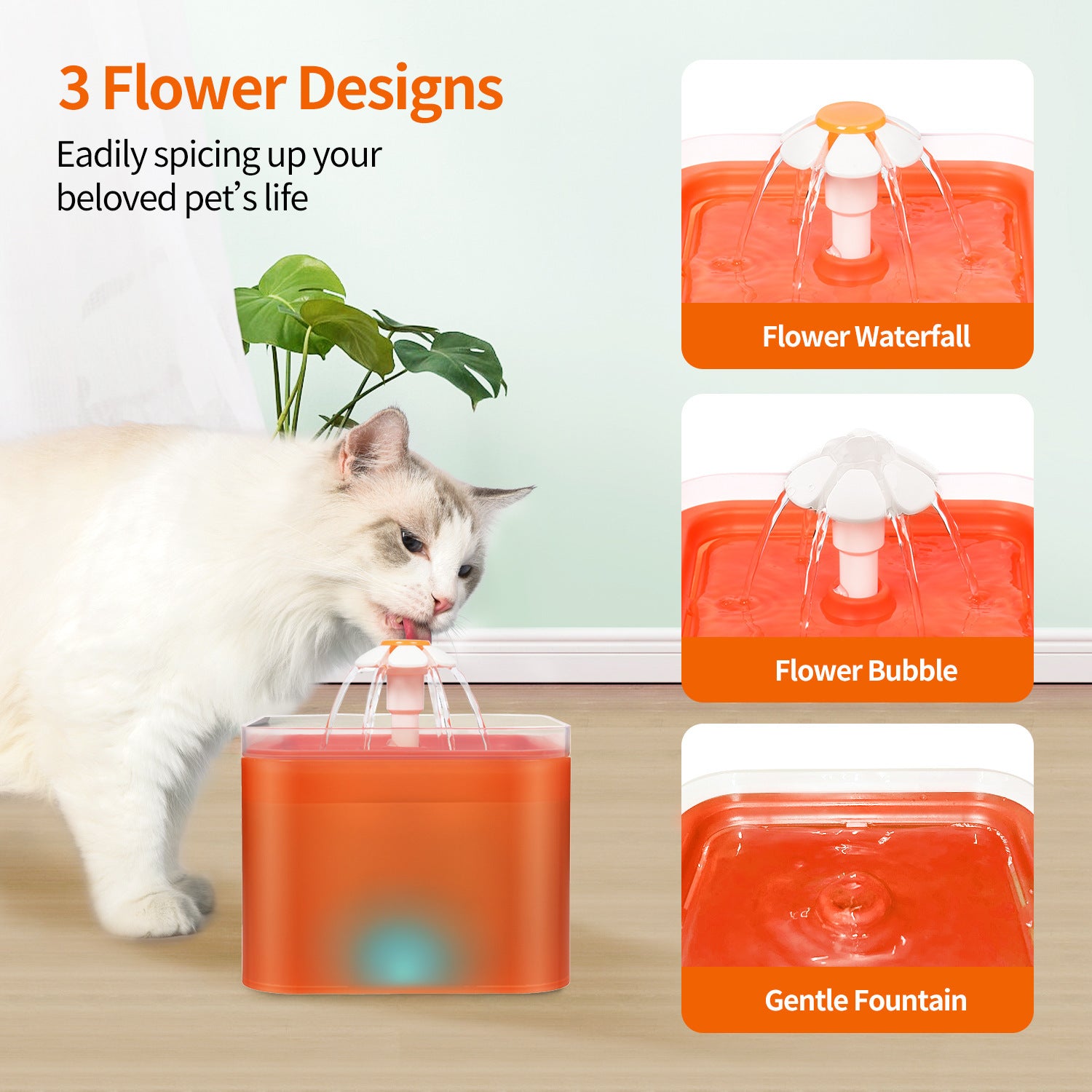 Distributeur d'eau automatique pour animaux avec 3 designs de jets floraux, offrant une hydratation ludique pour les chats.
