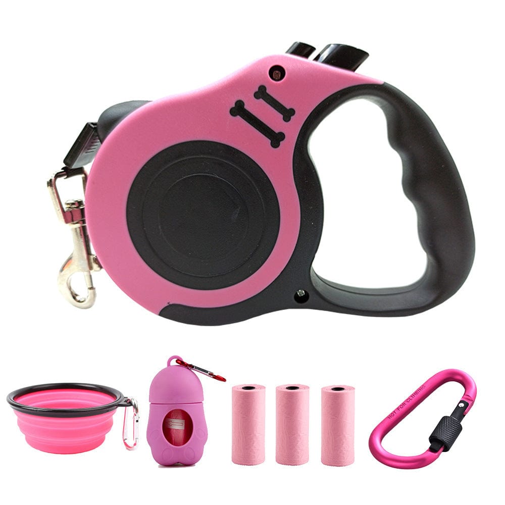 Ensemble de corde de traction rose pour chien avec bol pliable et accessoires pratiques.