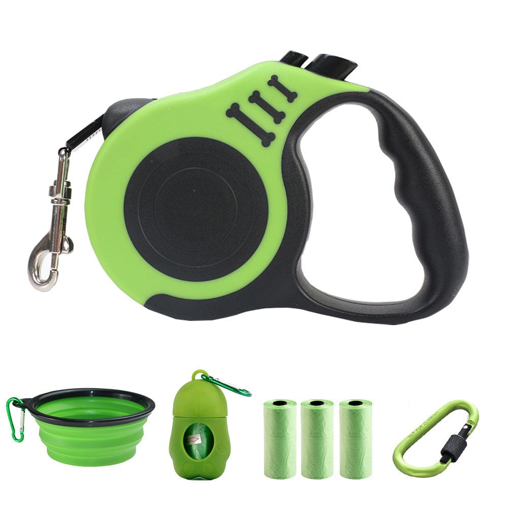 Ensemble de corde de traction pour chien avec bol pliable et accessoires en vert, idéal pour les promenades avec votre animal.