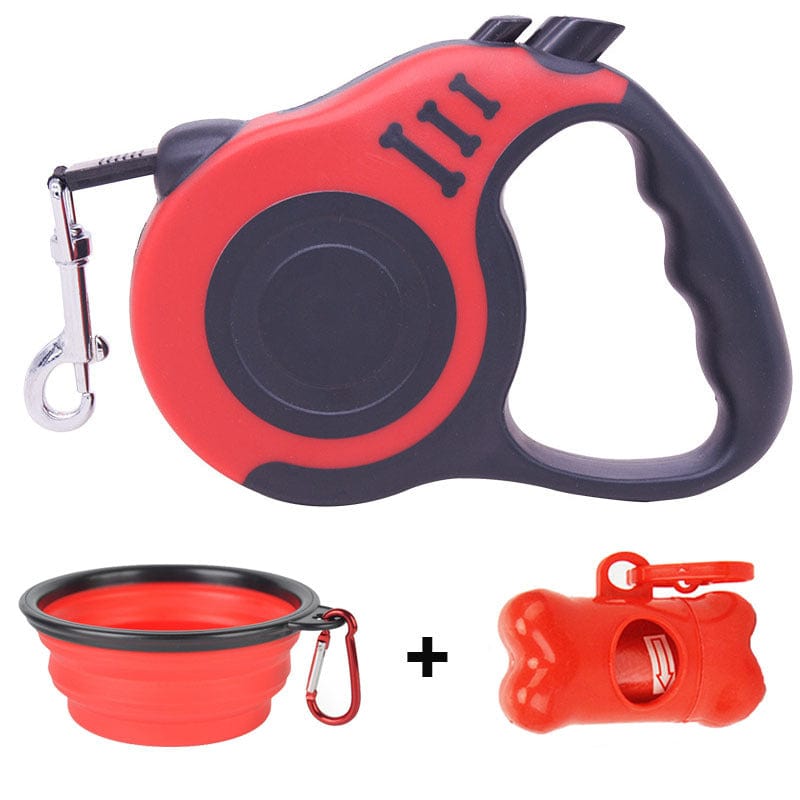 Ensemble de corde de traction pour chien avec bol pliable et ramasseur de déjections en rouge et noir.