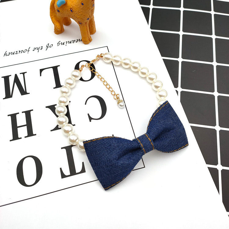 Collier en perles et denim pour animaux, élégant et chic, accessoire pour chien et chat