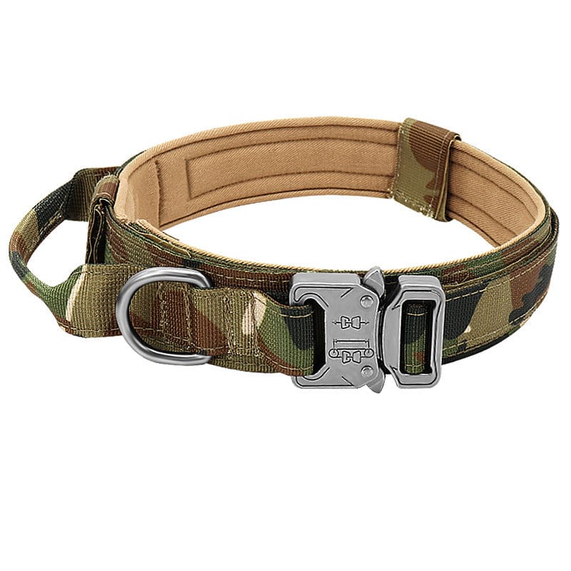 Collier Tactique pour Chien en nylon camouflage, robuste et confortable pour grandes tailles.