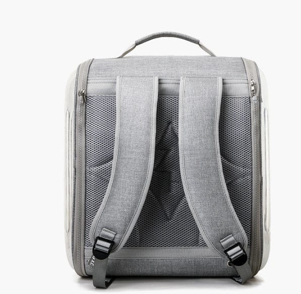 Sac à dos portable pour animaux en tissu Oxford gris avec bretelles ergonomiques et filet ventilé.